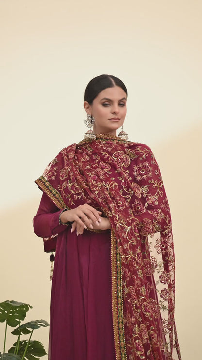 Elegant Reddish Maroon Chinon Anarkali with Embroidery