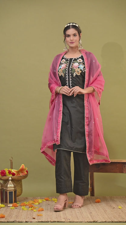 Charismatic Black Kurta Set with Zardozi, Sequence, Sippi, and Thread Work