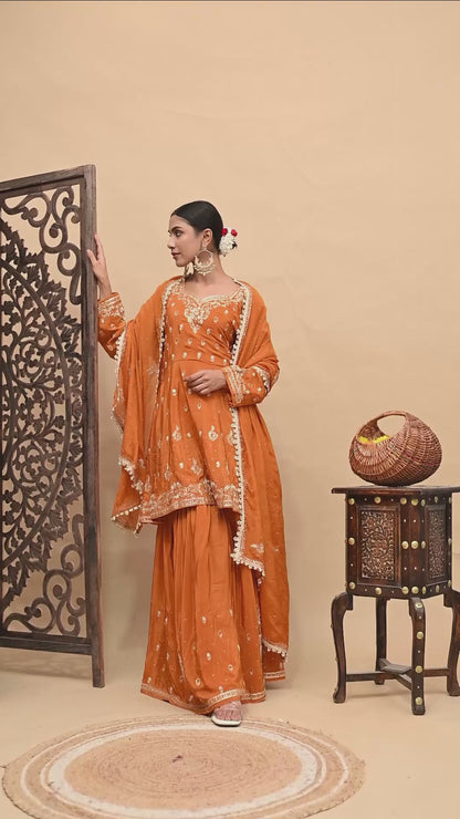 Yellowish Orange Sharara Set with Zardozi, Dabka, Sequence, and Thread Work