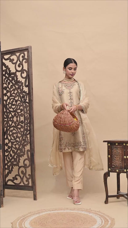 Golden Kurta Set with Zardozi, Dabka, Pearl, and Organza Applique Work