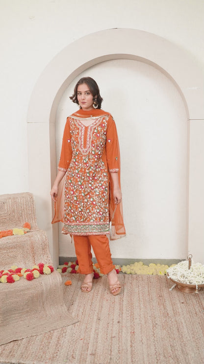 Yellowish Orange Kurta Set with Thread, Zardozi and Sequence Work