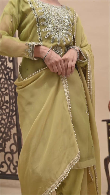 Mehndi Green Kurta Set with Beautiful Zardozi, Dabka, and Sequence Work