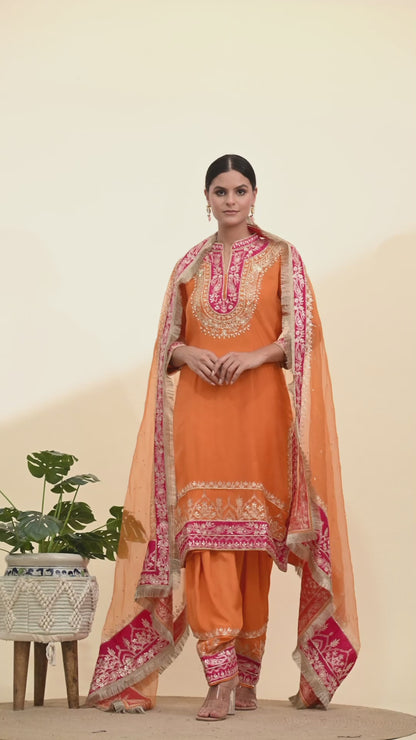 Vibrant Orange Kurta Set with Exquisite Zardozi Embroidery