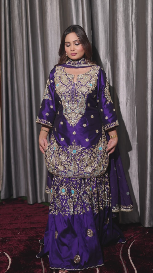 Regal Royal Purple Crepe Sharara Set with Exquisite Embroidery