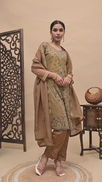 Greenish Brown Kurta Set with Zardozi, Dabka, Sequence, and Pearl Work