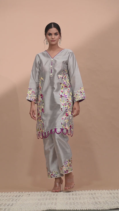 Sophisticated Grey Silk Kurta Set with Appliqué Work