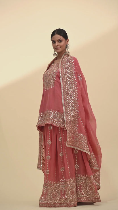 Creamy Peach Organza Lehenga Set with Zardozi, Gotta, and Crystal Embroidery